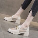 Real Soft Leather Women's Slip-On Shoes 2026 Spring and Autumn Season Chunky High Heel Fashion Sandals Hollow Breathable Lazy Shoes - Image 2
