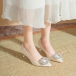 Elegant Rhinestone High Heels for Women, Black Low Heel, 2025 New Autumn Pointed Toe Shallow Mouth Off-White Thin Heel Pumps - Image 6
