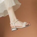 New summer French style sandals for petite women, featuring pearl details, super elegant and ethereal chunky heels that are comfortable to wear and perfect for pairing with skirts.